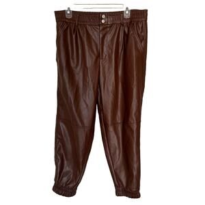 LeatherJogger Pants Cargo Women's Sz 15 Brown Faux Elastic Waist Seamed Pocket